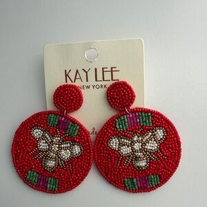 Kay Lee Red Seed Bead Bee Earrings